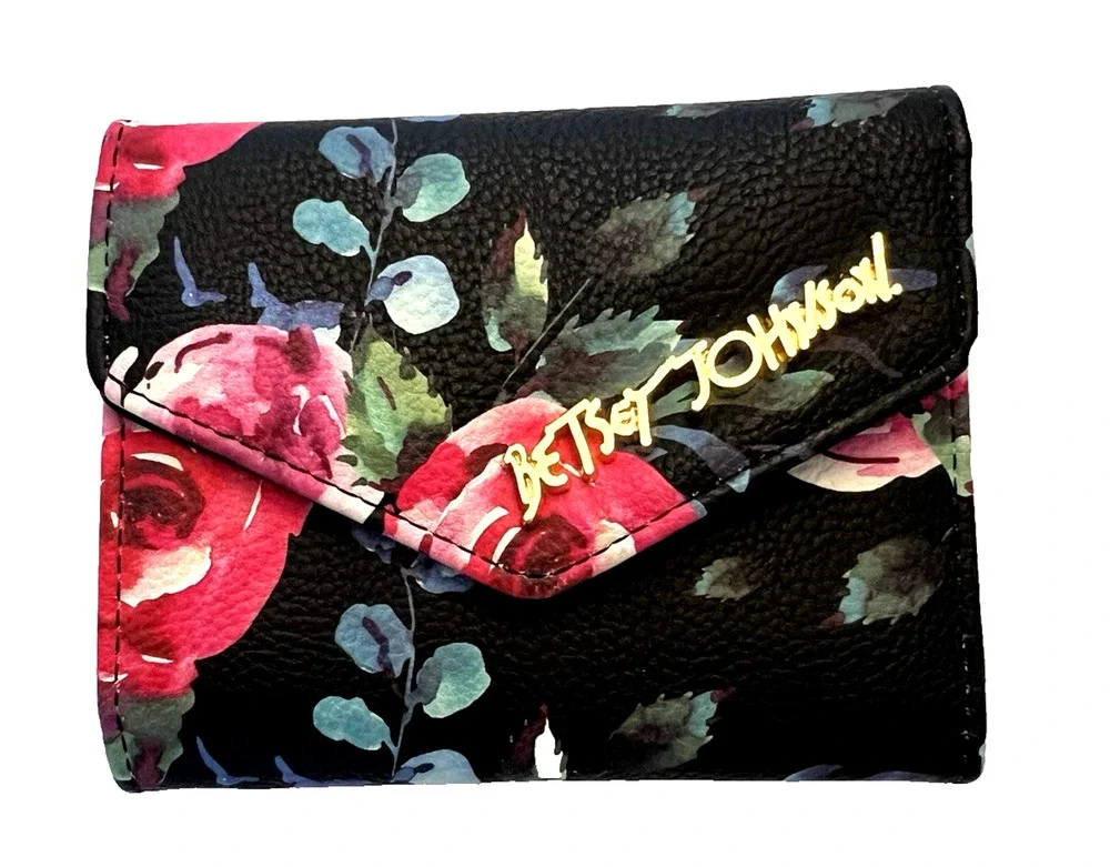 WOMEN'S BETSEY JOHNSON FLORAL PINK ROSES FLAP WALLET CARD CASE BILLFOLD